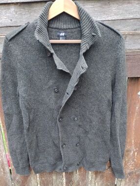 H&M Olive/Blk. Shawl-Collar Double-Breasted Mens Cardigan